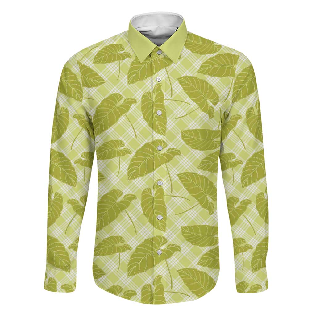 Lime Green Hawaii Kalo Palaka Motifs Family Matching Off Shoulder Short Dress and Hawaiian Shirt Hawaiian Taro Leaves Elegant Vibes LT14 Dad's Shirt - Long Sleeve Lime Green - Polynesian Pride