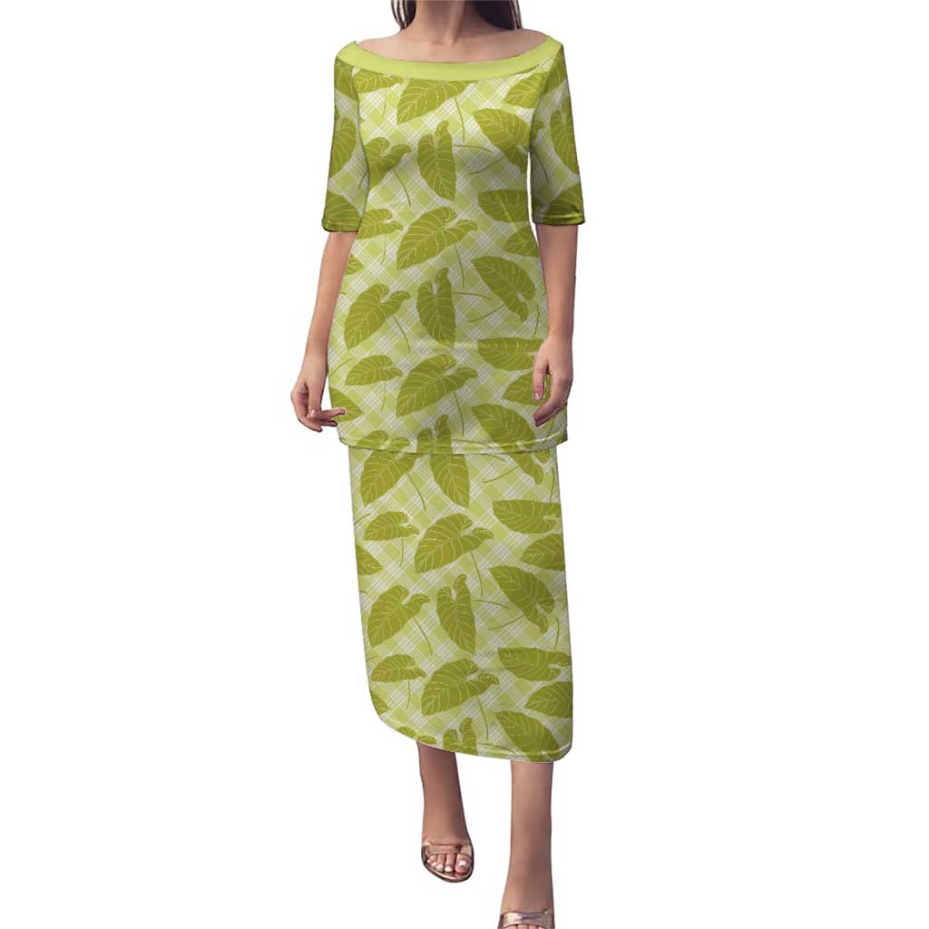 Lime Green Hawaii Kalo Palaka Motifs Family Matching Puletasi and Hawaiian Shirt Hawaiian Taro Leaves Elegant Vibes LT14 Mom's Dress Lime Green - Polynesian Pride