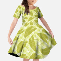 Lime Green Hawaii Kalo Palaka Motifs Kid Short Sleeve Dress Hawaiian Taro Leaves Elegant Vibes LT14 KID Lime Green - Polynesian Pride