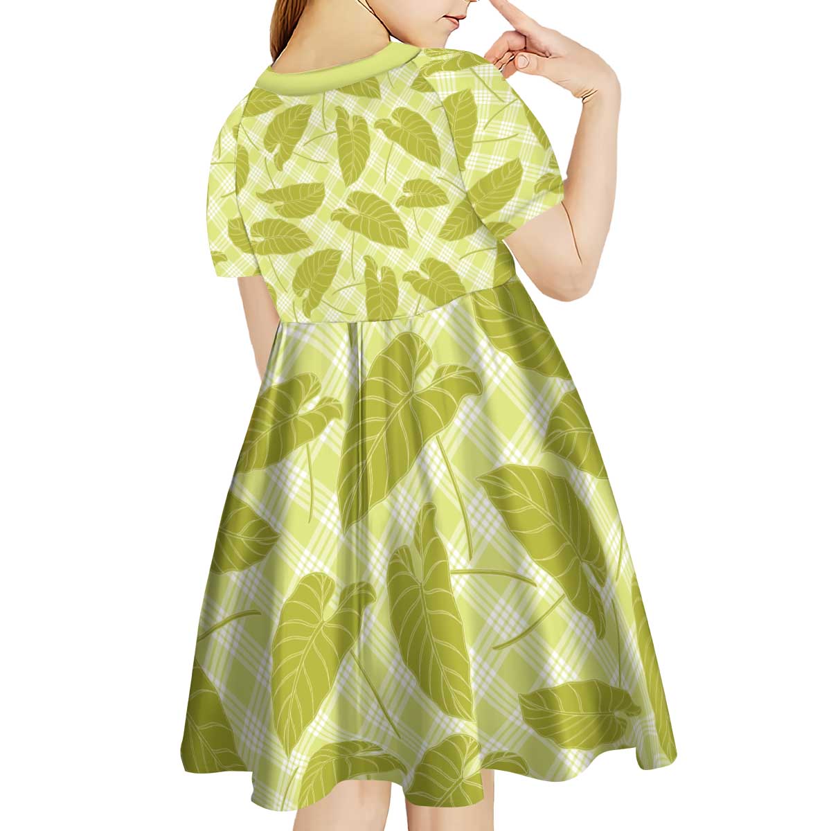 Lime Green Hawaii Kalo Palaka Motifs Kid Short Sleeve Dress Hawaiian Taro Leaves Elegant Vibes LT14 - Polynesian Pride
