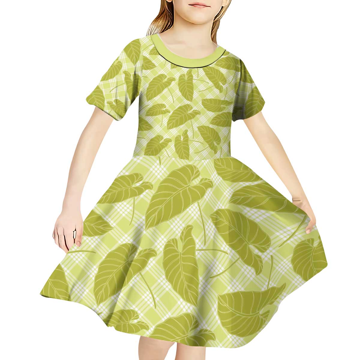 Lime Green Hawaii Kalo Palaka Motifs Kid Short Sleeve Dress Hawaiian Taro Leaves Elegant Vibes LT14 - Polynesian Pride