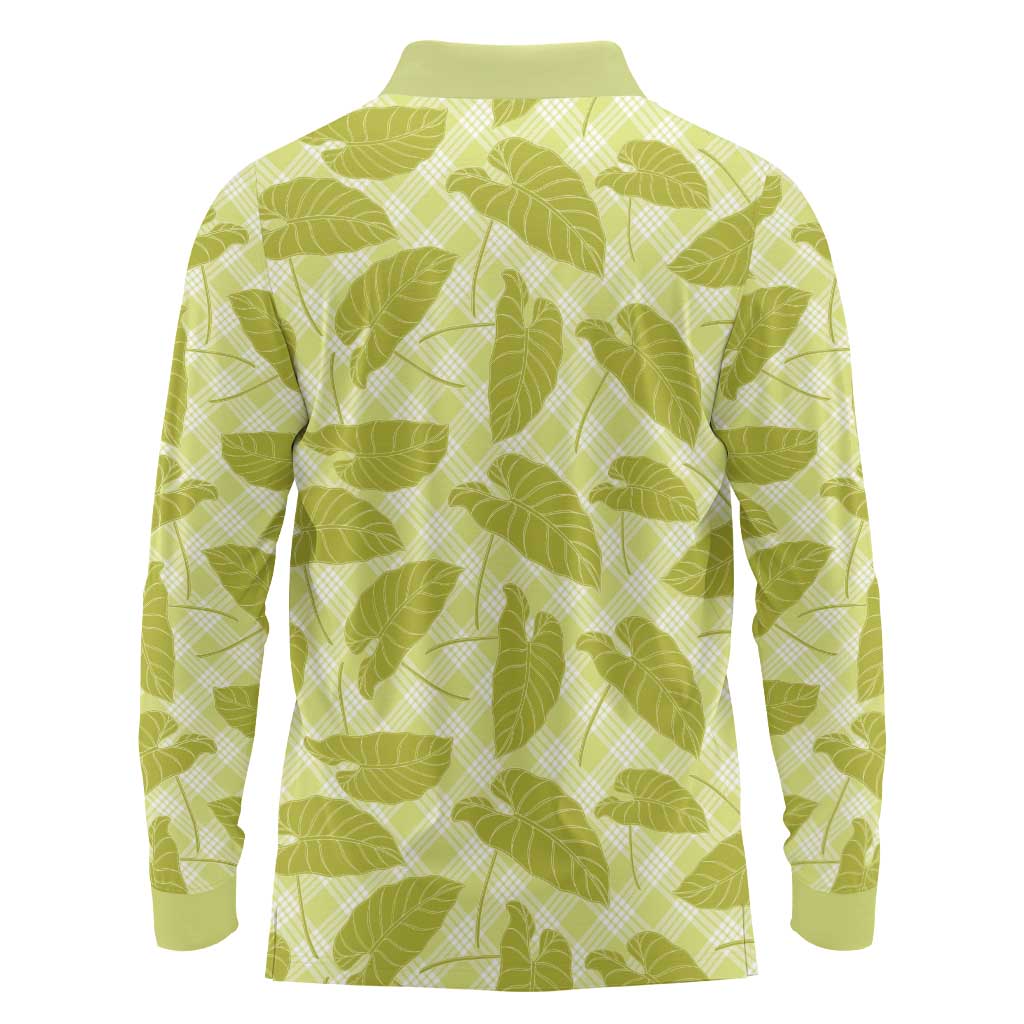 Lime Green Hawaii Kalo Palaka Motifs Long Sleeve Polo Shirt Hawaiian Taro Leaves Elegant Vibes LT14 - Polynesian Pride