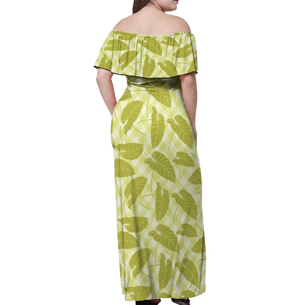 Lime Green Hawaii Kalo Palaka Motifs Off Shoulder Maxi Dress Hawaiian Taro Leaves Elegant Vibes - Polynesian Pride
