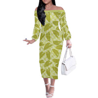 Lime Green Hawaii Kalo Palaka Motifs Off The Shoulder Long Sleeve Dress Hawaiian Taro Leaves Elegant Vibes LT14 Women Lime Green - Polynesian Pride