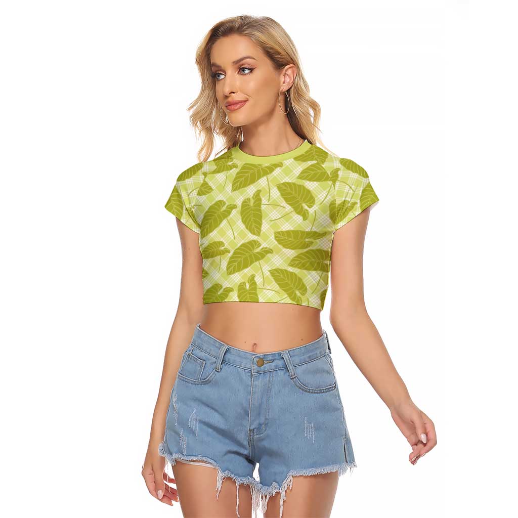 Lime Green Hawaii Kalo Palaka Motifs Raglan Cropped T Shirt Hawaiian Taro Leaves Elegant Vibes - Polynesian Pride