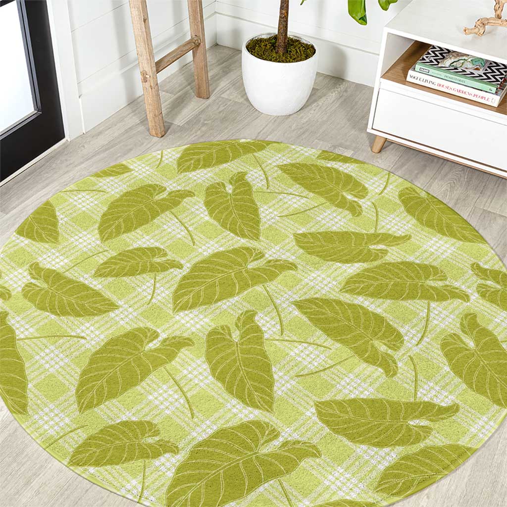 Lime Green Hawaii Kalo Palaka Motifs Round Carpet Hawaiian Taro Leaves Elegant Vibes - Polynesian Pride