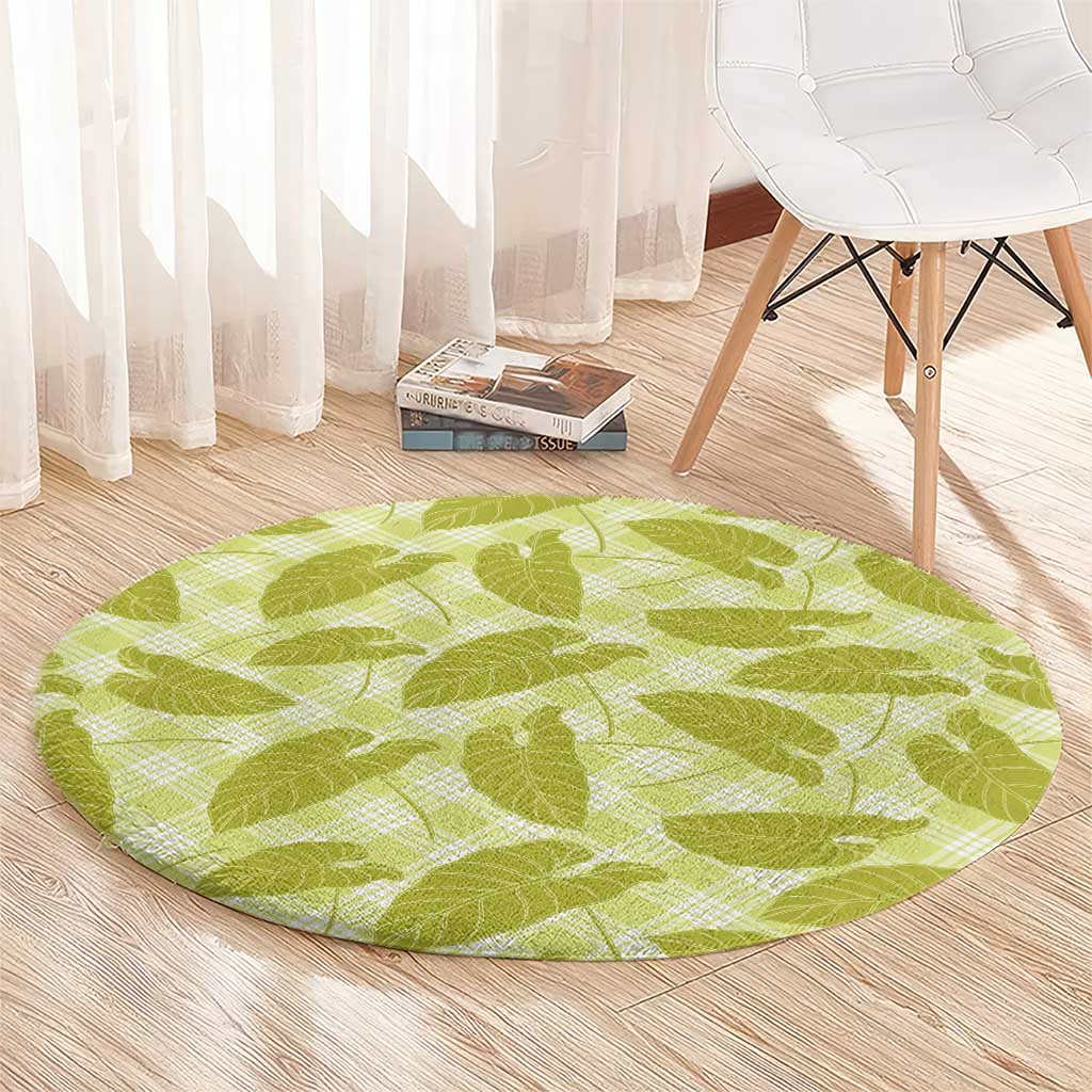 Lime Green Hawaii Kalo Palaka Motifs Round Carpet Hawaiian Taro Leaves Elegant Vibes - Polynesian Pride