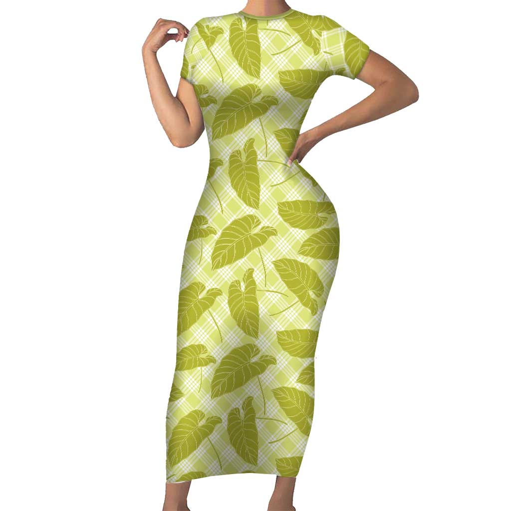 Lime Green Hawaii Kalo Palaka Motifs Short Sleeve Bodycon Dress Hawaiian Taro Leaves Elegant Vibes LT14 Long Dress Lime Green - Polynesian Pride