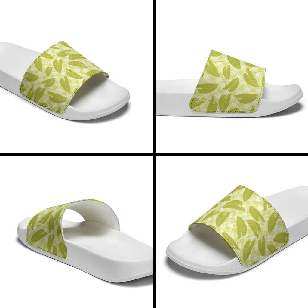 Lime Green Hawaii Kalo Palaka Motifs Slide Sandals Hawaiian Taro Leaves Elegant Vibes - Polynesian Pride