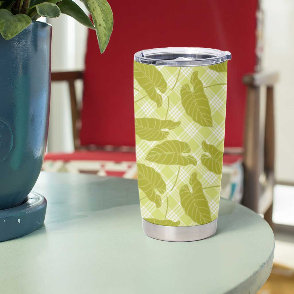 Lime Green Hawaii Kalo Palaka Motifs Tumbler Cup Hawaiian Taro Leaves Elegant Vibes - Polynesian Pride