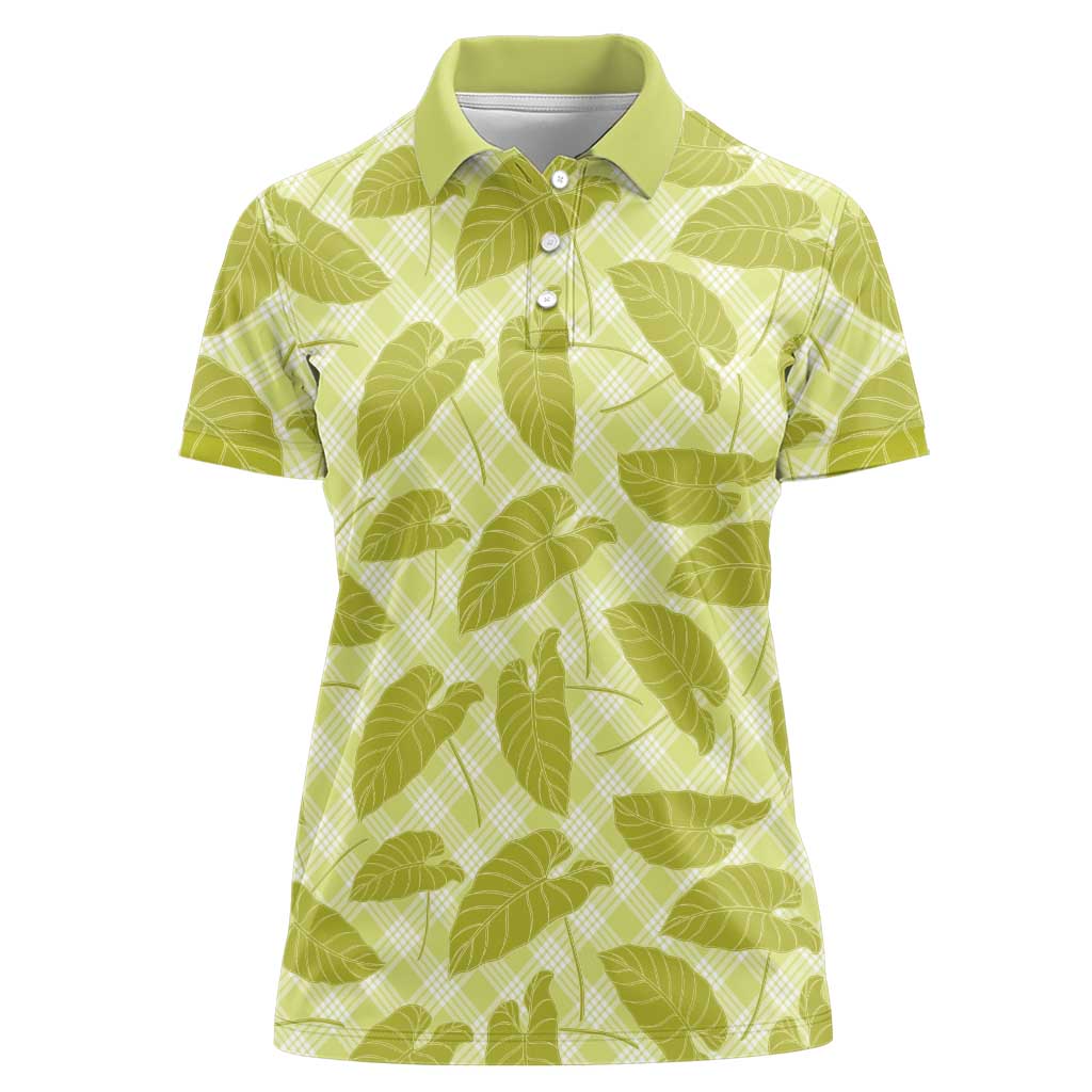 Lime Green Hawaii Kalo Palaka Motifs Women Polo Shirt Hawaiian Taro Leaves Elegant Vibes - Polynesian Pride