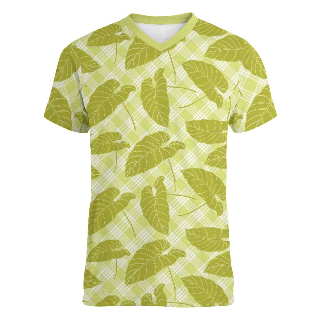 Lime Green Hawaii Kalo Palaka Motifs Women V-Neck T-Shirt Hawaiian Taro Leaves Elegant Vibes LT14 Female Lime Green - Polynesian Pride