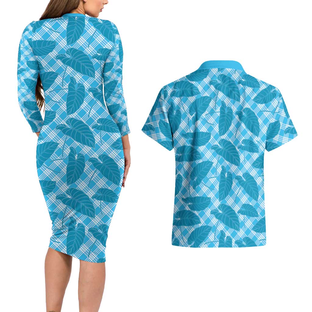 Blue Hawaii Kalo Palaka Motifs Couples Matching Long Sleeve Bodycon Dress and Hawaiian Shirt Hawaiian Taro Leaves Elegant Vibes LT14 - Polynesian Pride