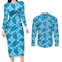 Blue Hawaii Kalo Palaka Motifs Couples Matching Long Sleeve Bodycon Dress and Long Sleeve Button Shirt Hawaiian Taro Leaves Elegant Vibes LT14 Blue - Polynesian Pride