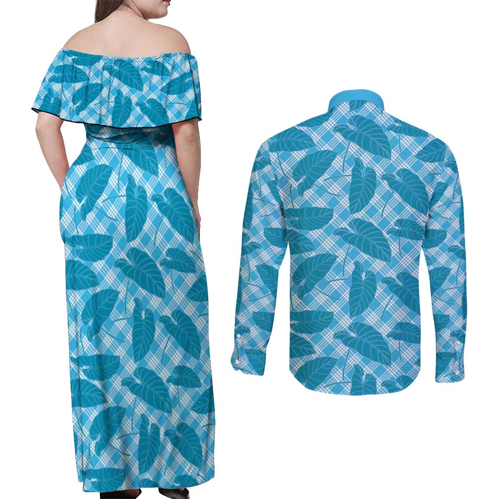 Blue Hawaii Kalo Palaka Motifs Couples Matching Off Shoulder Maxi Dress and Long Sleeve Button Shirt Hawaiian Taro Leaves Elegant Vibes LT14 - Polynesian Pride