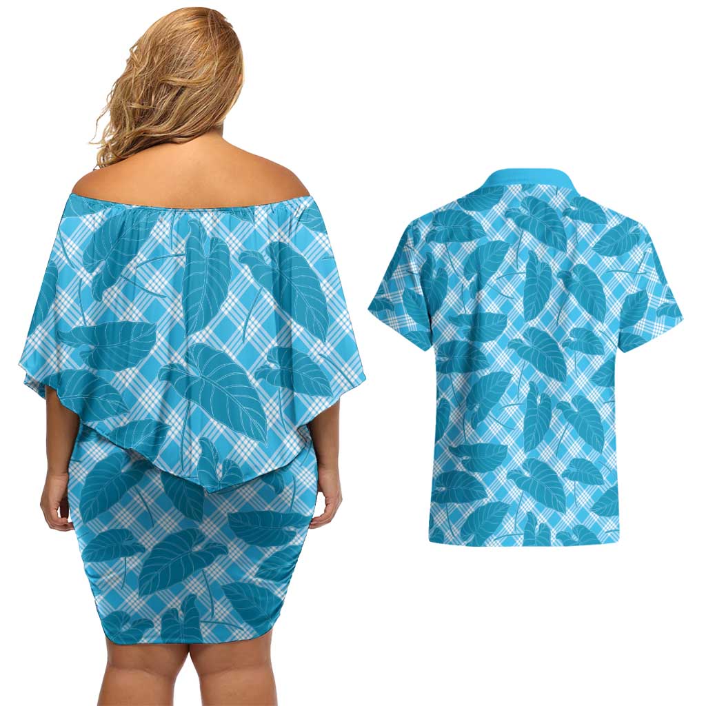 Blue Hawaii Kalo Palaka Motifs Couples Matching Off Shoulder Short Dress and Hawaiian Shirt Hawaiian Taro Leaves Elegant Vibes LT14 - Polynesian Pride