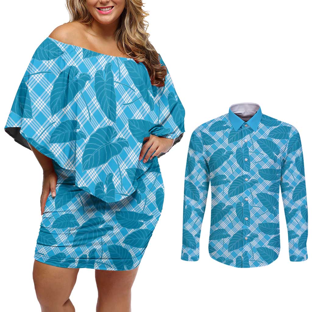 Blue Hawaii Kalo Palaka Motifs Couples Matching Off Shoulder Short Dress and Long Sleeve Button Shirt Hawaiian Taro Leaves Elegant Vibes LT14 Blue - Polynesian Pride