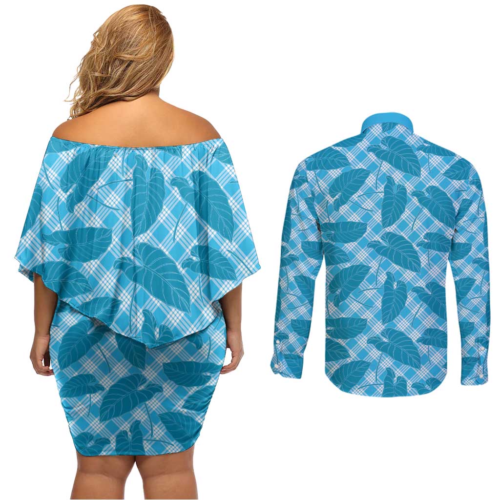 Blue Hawaii Kalo Palaka Motifs Couples Matching Off Shoulder Short Dress and Long Sleeve Button Shirt Hawaiian Taro Leaves Elegant Vibes LT14 - Polynesian Pride