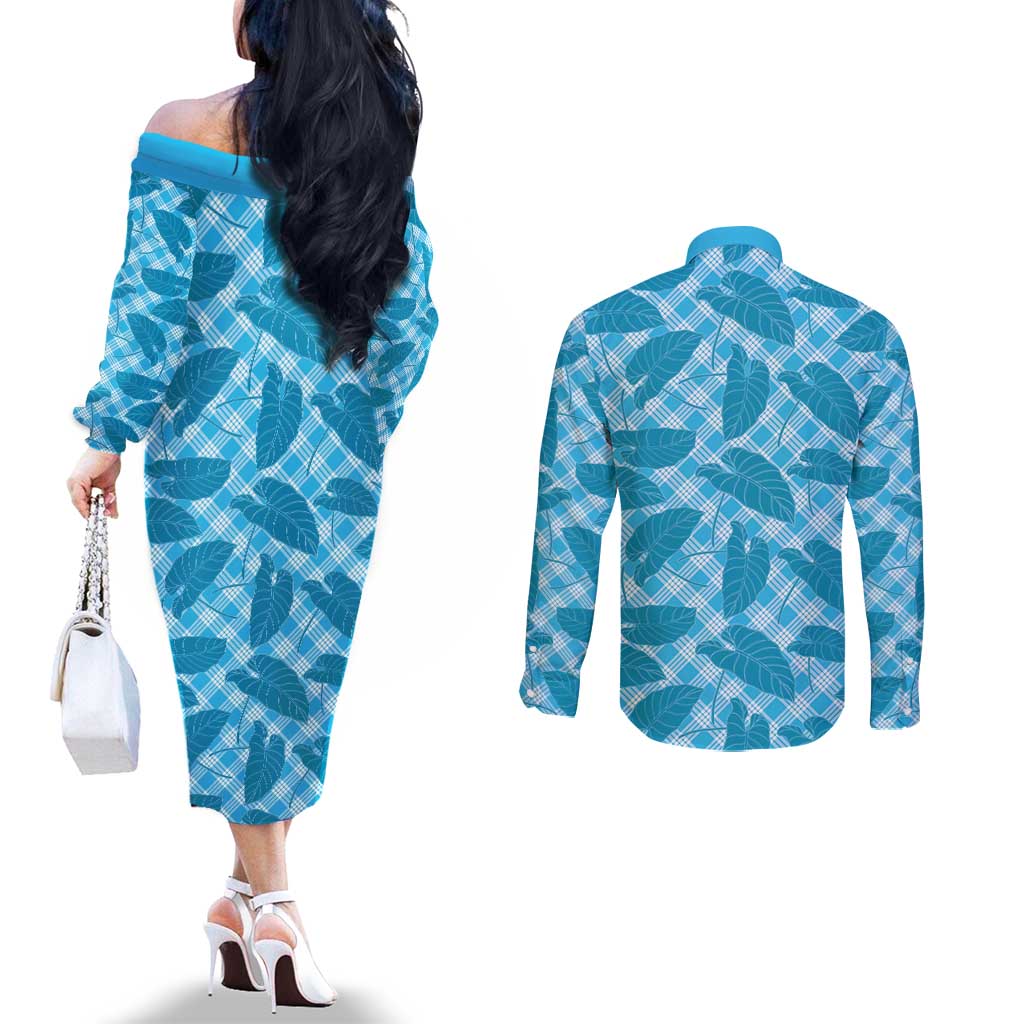 Blue Hawaii Kalo Palaka Motifs Couples Matching Off The Shoulder Long Sleeve Dress and Long Sleeve Button Shirt Hawaiian Taro Leaves Elegant Vibes LT14 - Polynesian Pride