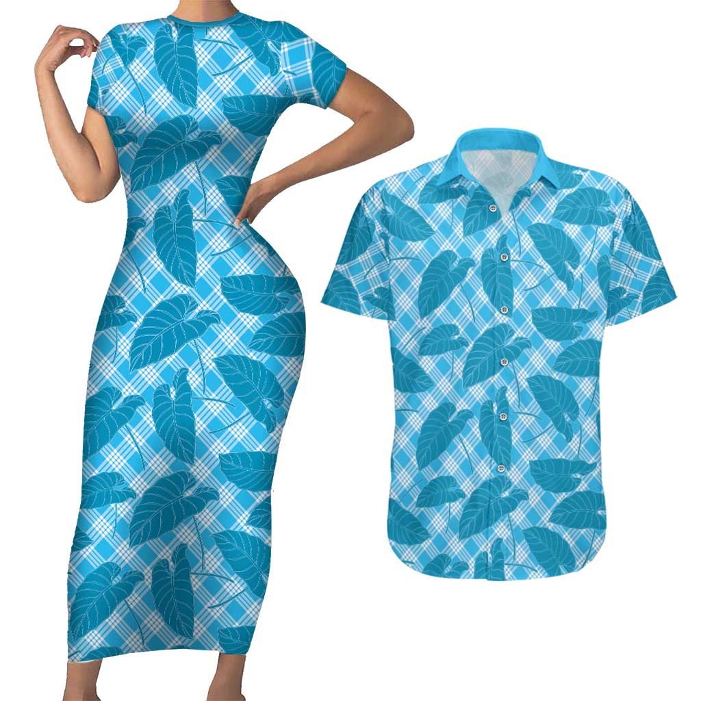 Blue Hawaii Kalo Palaka Motifs Couples Matching Short Sleeve Bodycon Dress and Hawaiian Shirt Hawaiian Taro Leaves Elegant Vibes LT14 Blue - Polynesian Pride