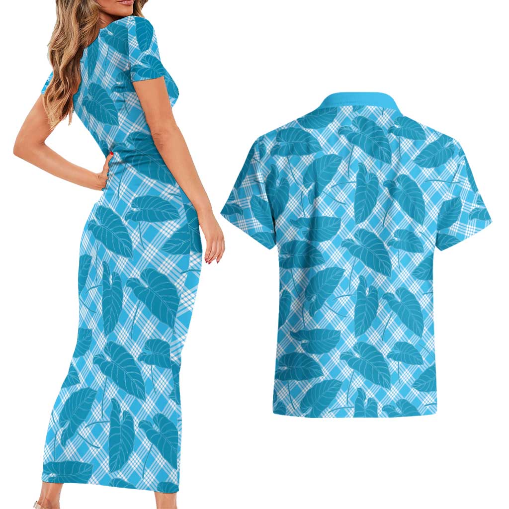 Blue Hawaii Kalo Palaka Motifs Couples Matching Short Sleeve Bodycon Dress and Hawaiian Shirt Hawaiian Taro Leaves Elegant Vibes LT14 - Polynesian Pride