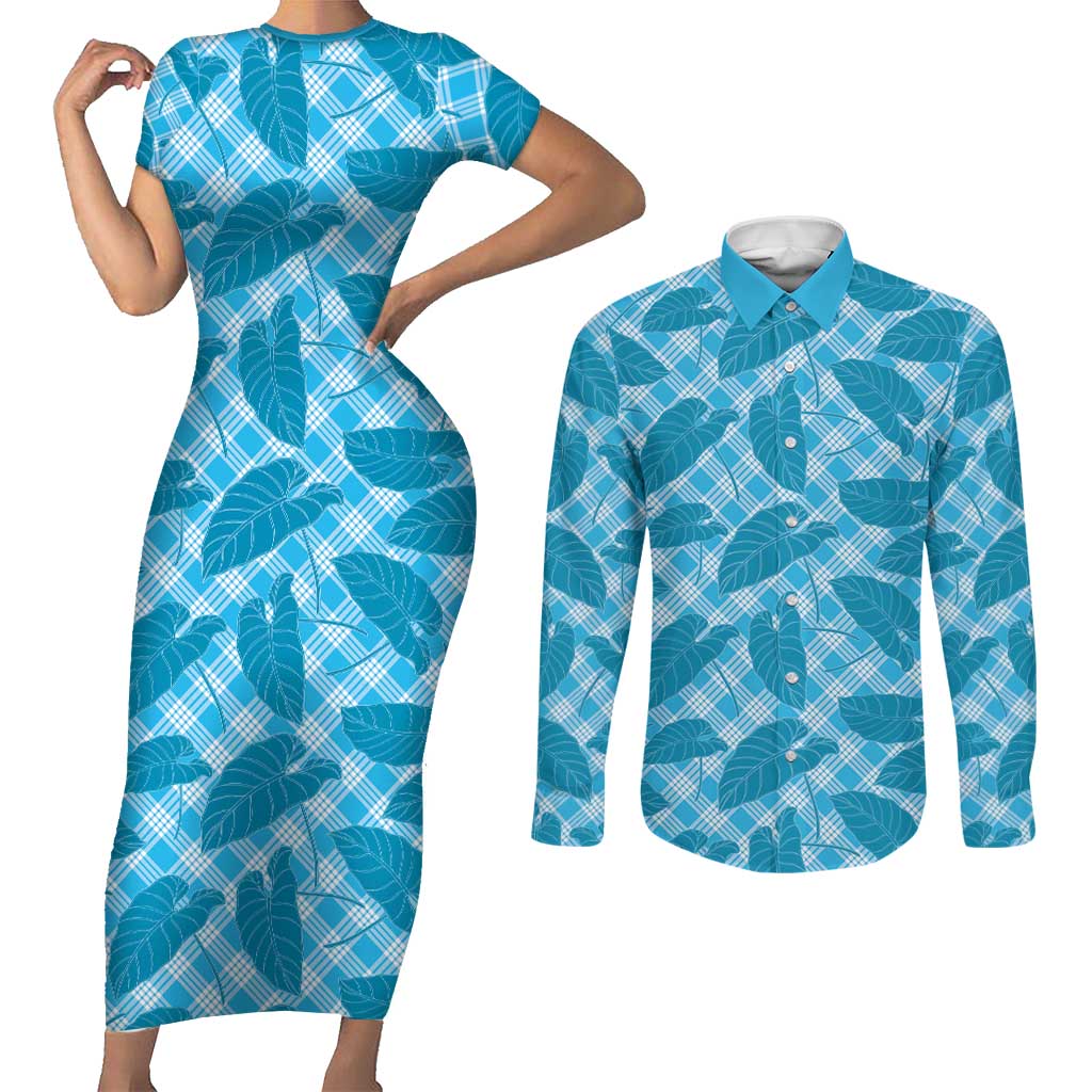Blue Hawaii Kalo Palaka Motifs Couples Matching Short Sleeve Bodycon Dress and Long Sleeve Button Shirt Hawaiian Taro Leaves Elegant Vibes LT14 Blue - Polynesian Pride