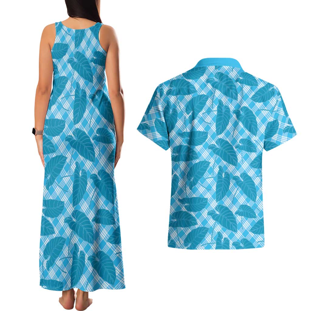 Blue Hawaii Kalo Palaka Motifs Couples Matching Tank Maxi Dress and Hawaiian Shirt Hawaiian Taro Leaves Elegant Vibes LT14 - Polynesian Pride
