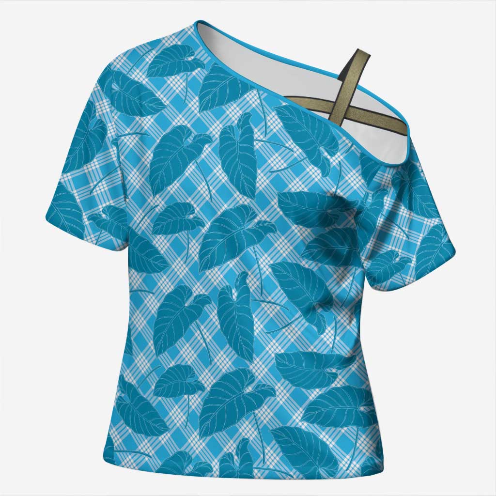 Blue Hawaii Kalo Palaka Motifs Cross Shoulder Shirt Hawaiian Taro Leaves Elegant Vibes - Polynesian Pride