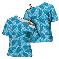 Blue Hawaii Kalo Palaka Motifs Cross Shoulder Shirt Hawaiian Taro Leaves Elegant Vibes - Polynesian Pride