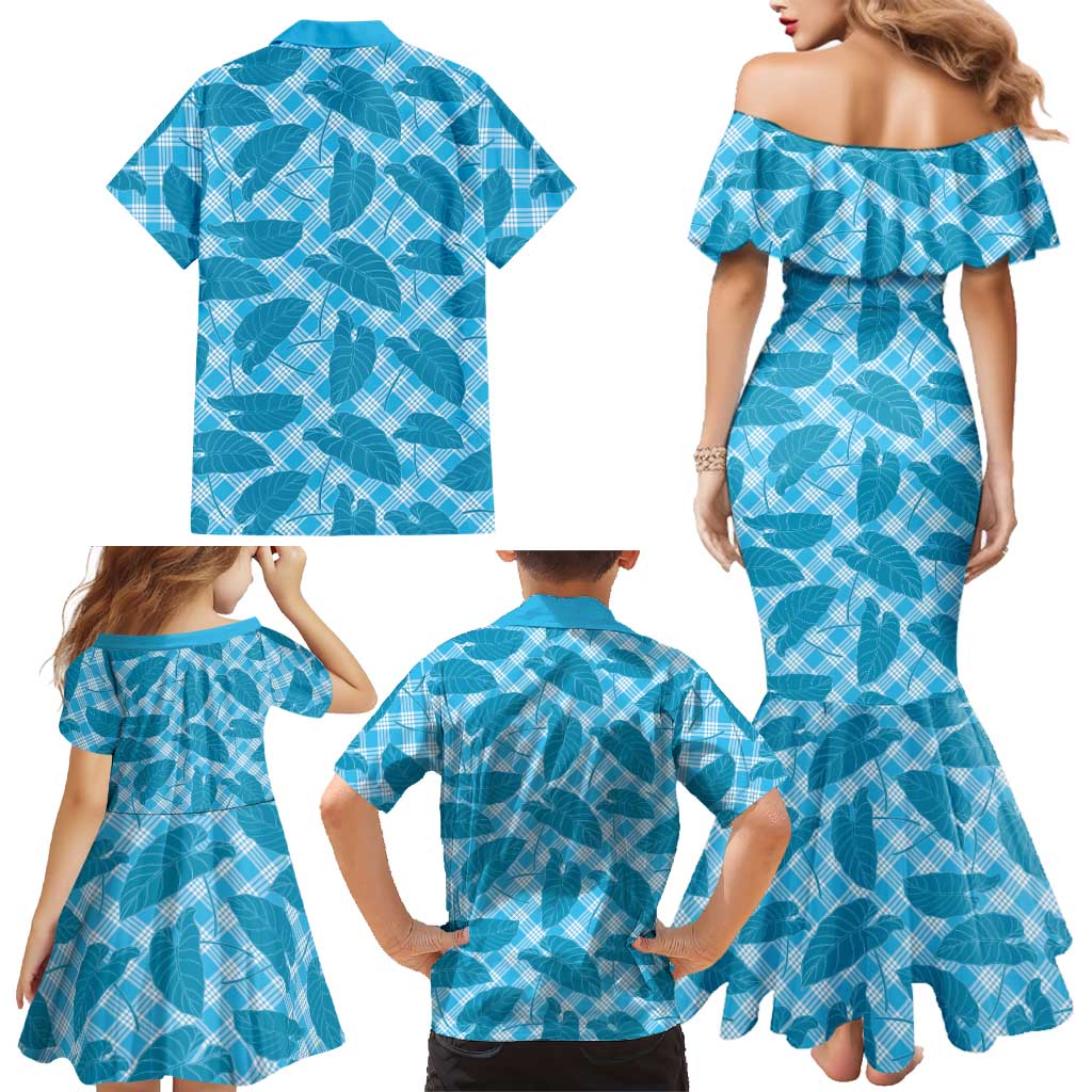 Blue Hawaii Kalo Palaka Motifs Family Matching Mermaid Dress and Hawaiian Shirt Hawaiian Taro Leaves Elegant Vibes LT14 - Polynesian Pride