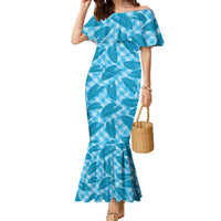 Blue Hawaii Kalo Palaka Motifs Family Matching Mermaid Dress and Hawaiian Shirt Hawaiian Taro Leaves Elegant Vibes LT14 Mom's Dress Blue - Polynesian Pride