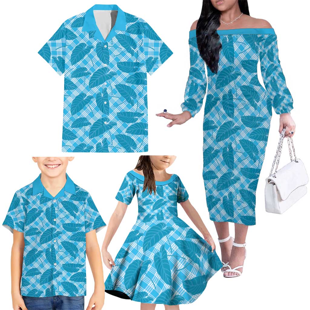 Blue Hawaii Kalo Palaka Motifs Family Matching Off The Shoulder Long Sleeve Dress and Hawaiian Shirt Hawaiian Taro Leaves Elegant Vibes LT14 - Polynesian Pride
