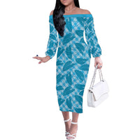 Blue Hawaii Kalo Palaka Motifs Family Matching Off The Shoulder Long Sleeve Dress and Hawaiian Shirt Hawaiian Taro Leaves Elegant Vibes LT14 Mom's Dress Blue - Polynesian Pride