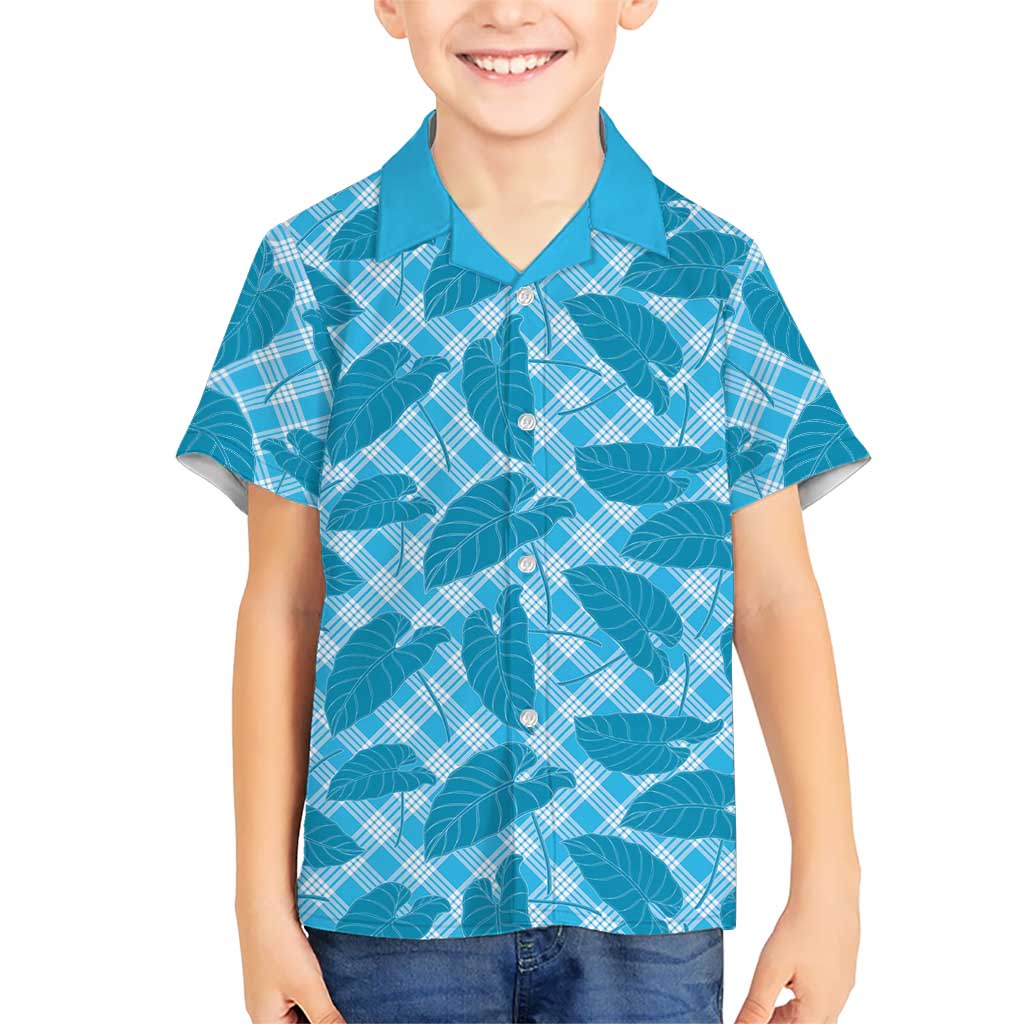 Blue Hawaii Kalo Palaka Motifs Family Matching Off The Shoulder Long Sleeve Dress and Hawaiian Shirt Hawaiian Taro Leaves Elegant Vibes LT14 Son's Shirt Blue - Polynesian Pride