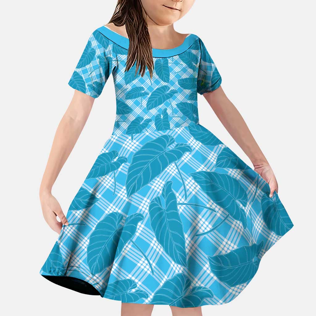 Blue Hawaii Kalo Palaka Motifs Family Matching Off Shoulder Maxi Dress and Hawaiian Shirt Hawaiian Taro Leaves Elegant Vibes LT14 Daughter's Dress Blue - Polynesian Pride