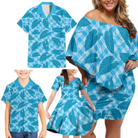Blue Hawaii Kalo Palaka Motifs Family Matching Off Shoulder Short Dress and Hawaiian Shirt Hawaiian Taro Leaves Elegant Vibes LT14 - Polynesian Pride
