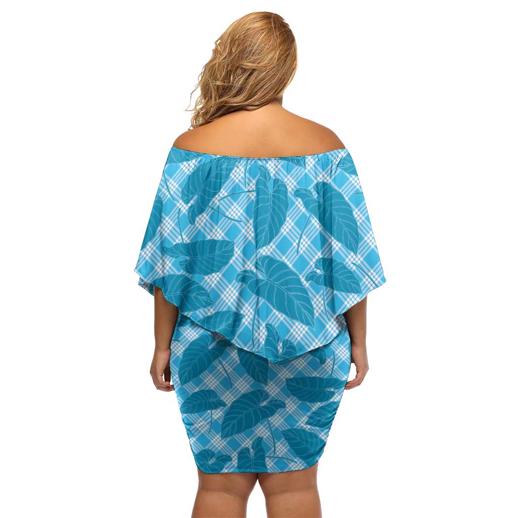 Blue Hawaii Kalo Palaka Motifs Family Matching Off Shoulder Short Dress and Hawaiian Shirt Hawaiian Taro Leaves Elegant Vibes LT14 - Polynesian Pride