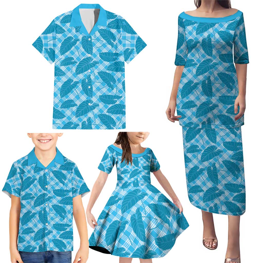 Blue Hawaii Kalo Palaka Motifs Family Matching Puletasi and Hawaiian Shirt Hawaiian Taro Leaves Elegant Vibes LT14 - Polynesian Pride