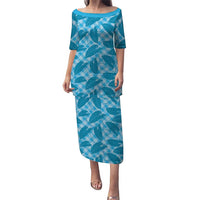 Blue Hawaii Kalo Palaka Motifs Family Matching Puletasi and Hawaiian Shirt Hawaiian Taro Leaves Elegant Vibes LT14 Mom's Dress Blue - Polynesian Pride