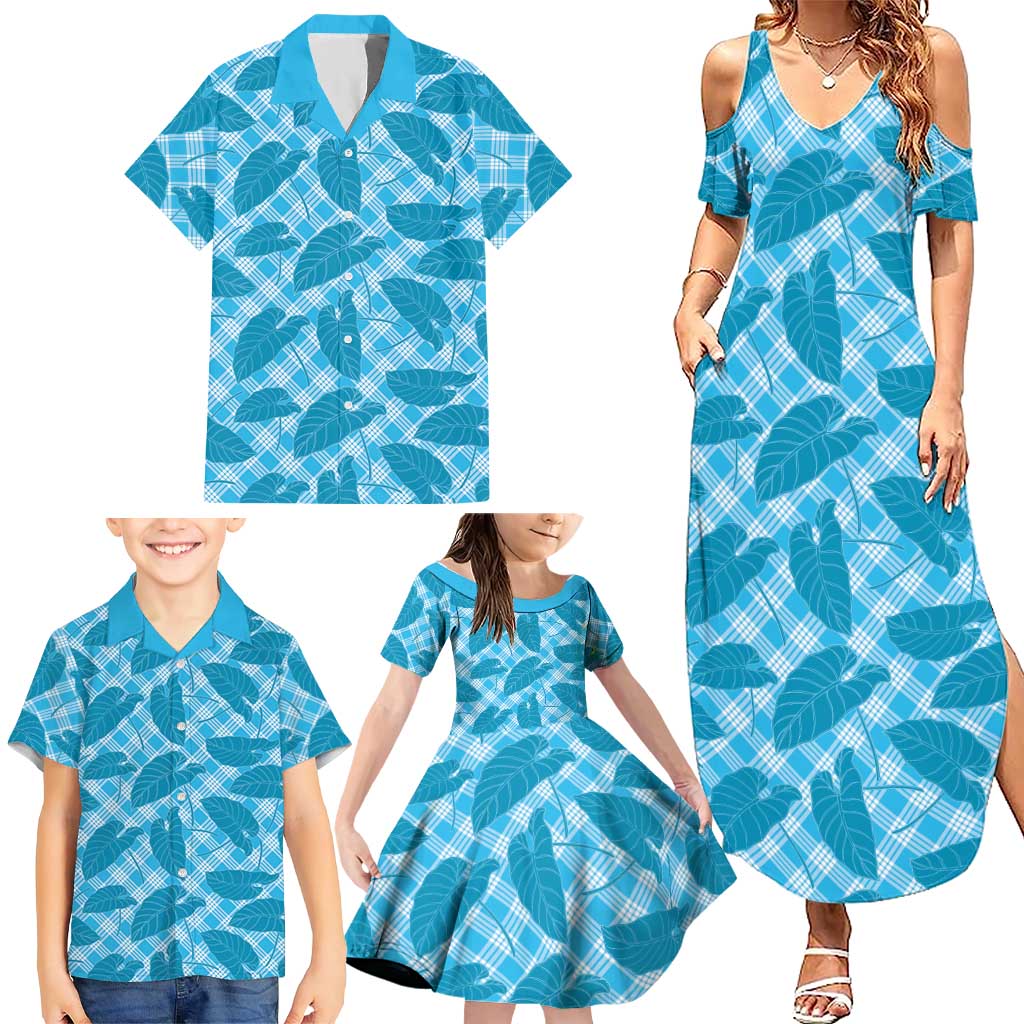 Blue Hawaii Kalo Palaka Motifs Family Matching Summer Maxi Dress and Hawaiian Shirt Hawaiian Taro Leaves Elegant Vibes LT14 - Polynesian Pride