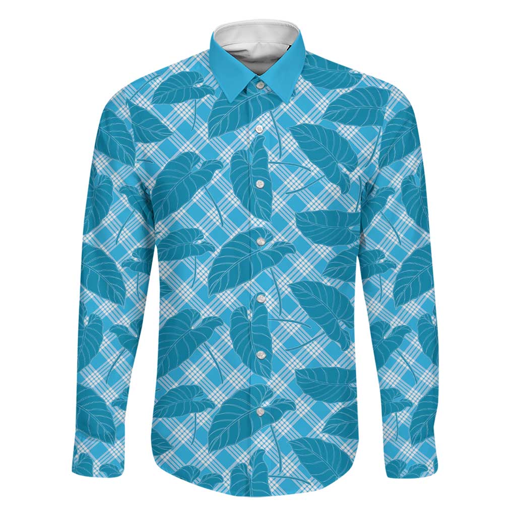 Blue Hawaii Kalo Palaka Motifs Family Matching Summer Maxi Dress and Hawaiian Shirt Hawaiian Taro Leaves Elegant Vibes LT14 Dad's Shirt - Long Sleeve Blue - Polynesian Pride