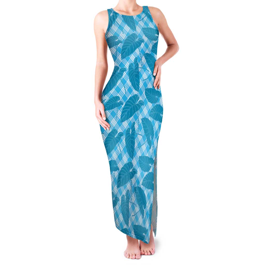 Blue Hawaii Kalo Palaka Motifs Family Matching Tank Maxi Dress and Hawaiian Shirt Hawaiian Taro Leaves Elegant Vibes LT14 Mom's Dress Blue - Polynesian Pride