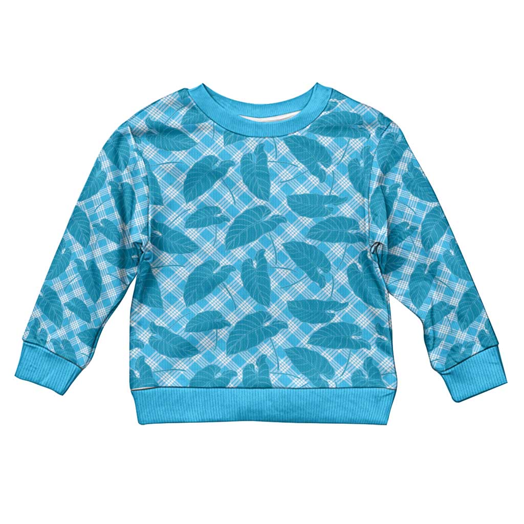 Blue Hawaii Kalo Palaka Motifs Kid Ugly Christmas Sweater Hawaiian Taro Leaves Elegant Vibes - Polynesian Pride
