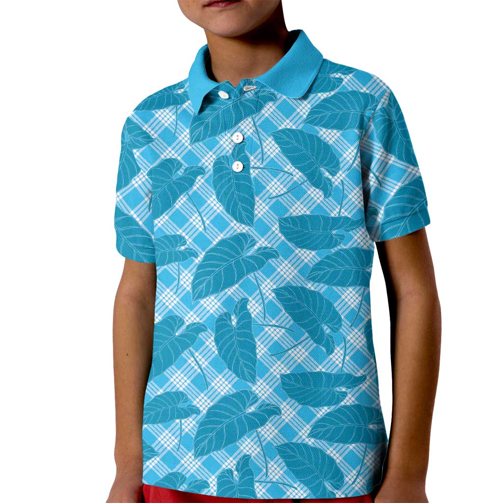 Blue Hawaii Kalo Palaka Motifs Kid Polo Shirt Hawaiian Taro Leaves Elegant Vibes - Polynesian Pride