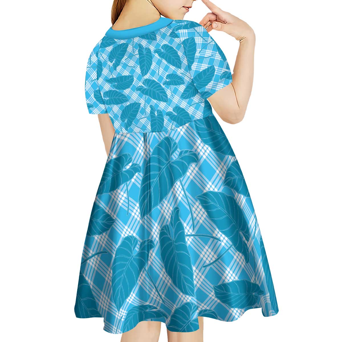 Blue Hawaii Kalo Palaka Motifs Kid Short Sleeve Dress Hawaiian Taro Leaves Elegant Vibes - Polynesian Pride