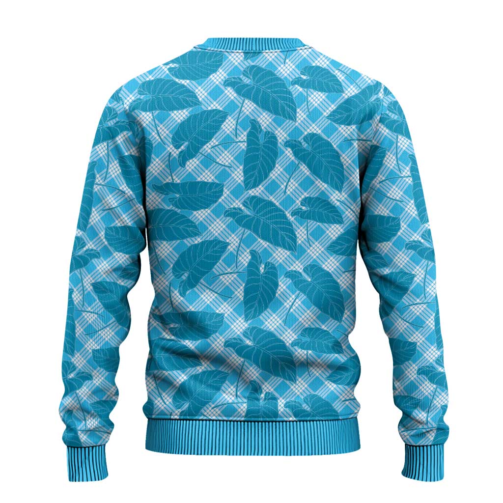 Blue Hawaii Kalo Palaka Motifs Ugly Christmas Sweater Hawaiian Taro Leaves Elegant Vibes - Polynesian Pride