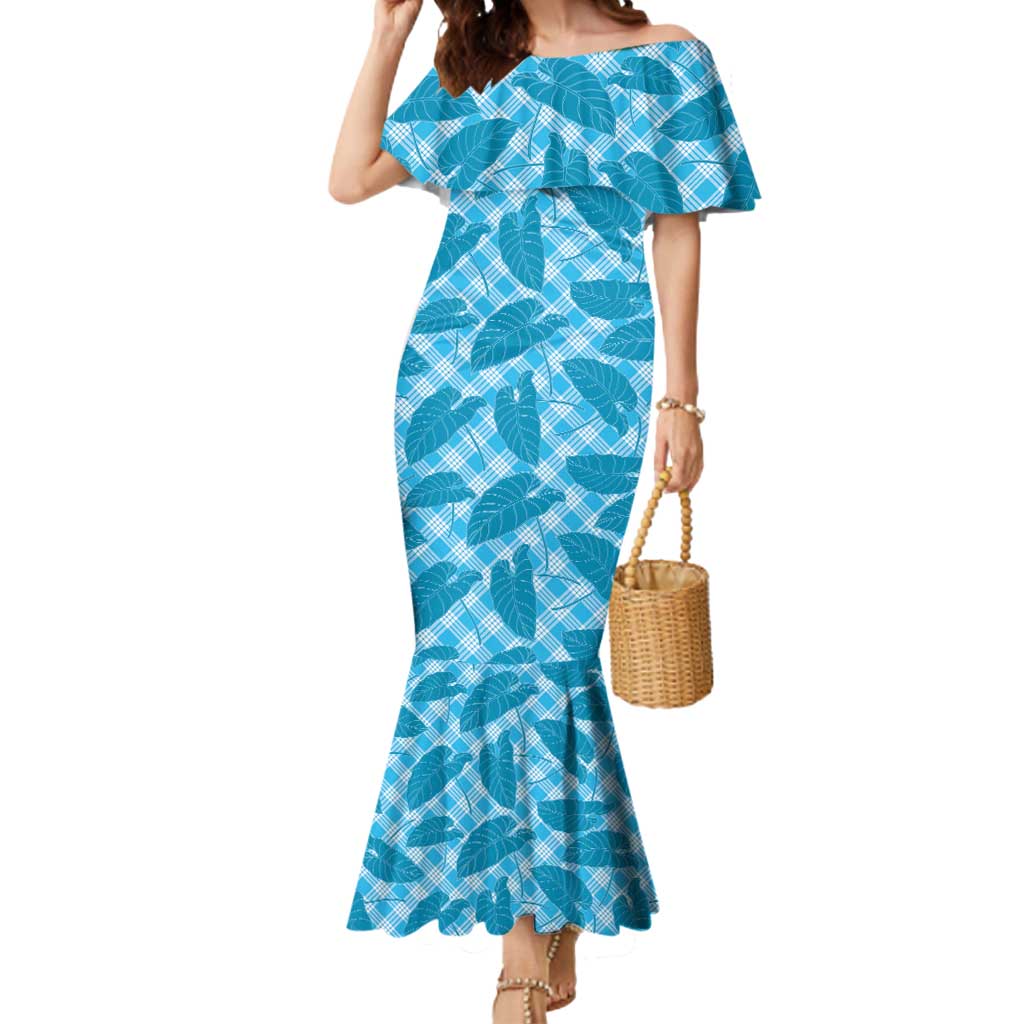 Blue Hawaii Kalo Palaka Motifs Mermaid Dress Hawaiian Taro Leaves Elegant Vibes - Polynesian Pride