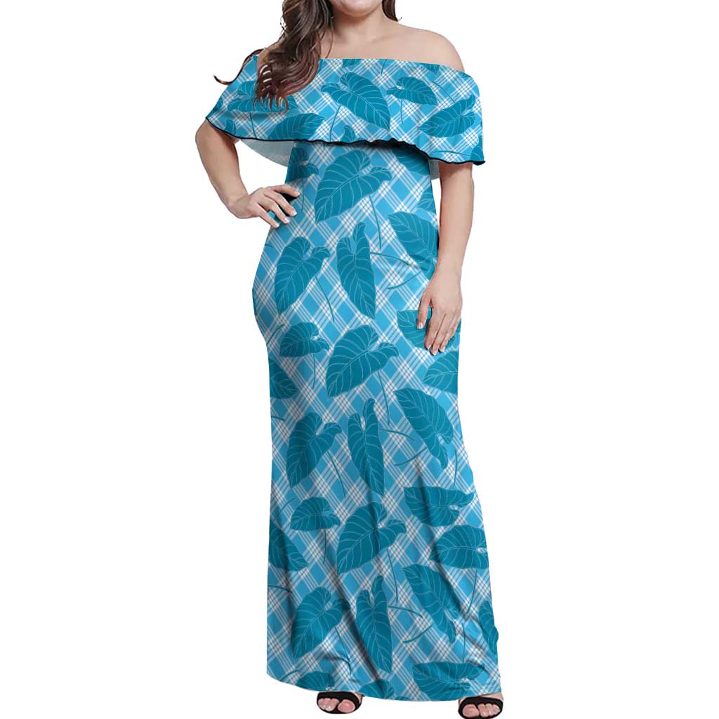 Blue Hawaii Kalo Palaka Motifs Off Shoulder Maxi Dress Hawaiian Taro Leaves Elegant Vibes - Polynesian Pride