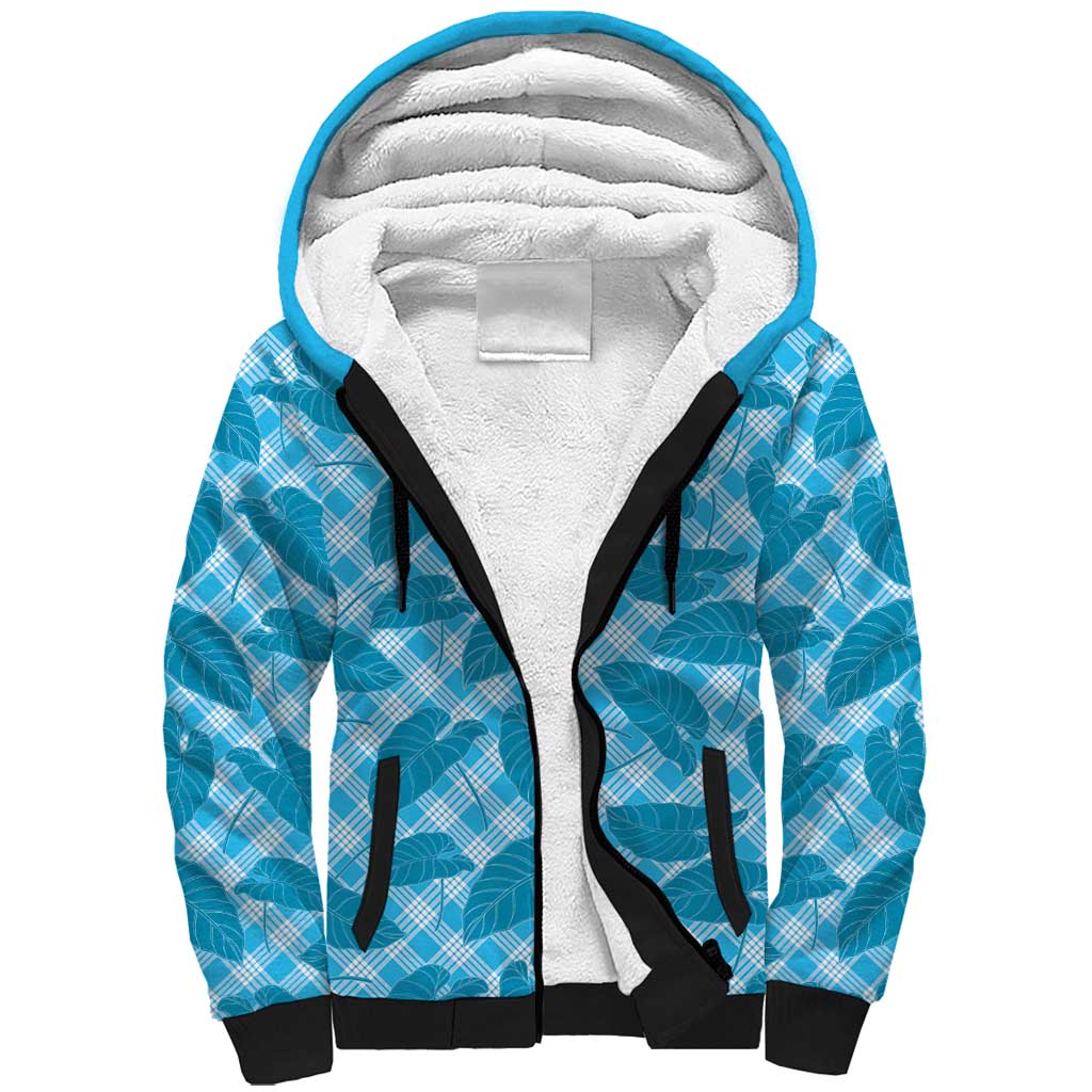 Blue Hawaii Kalo Palaka Motifs Sherpa Hoodie Hawaiian Taro Leaves Elegant Vibes LT14 Unisex Blue - Polynesian Pride