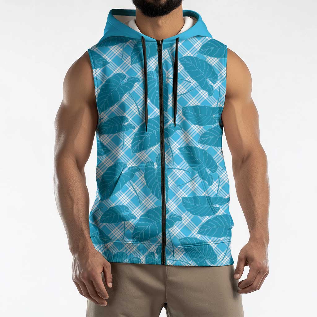 Blue Hawaii Kalo Palaka Motifs Sleeveless Zip Hoodie Hawaiian Taro Leaves Elegant Vibes LT14 - Polynesian Pride